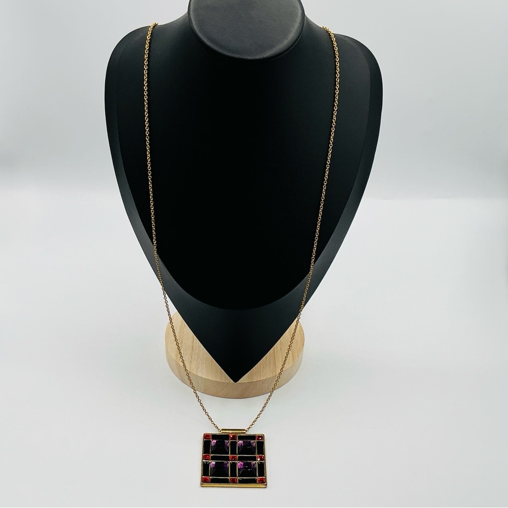 Kate Spade Necklace 30” Lewitt Squares Purple Red Black Enamel Pendant Jewelry